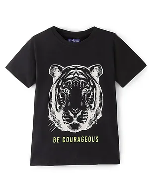 Pine Kids 100% Cotton Half Sleeves Round Neck Biowashed Tiger Printed T-Shirt - Black