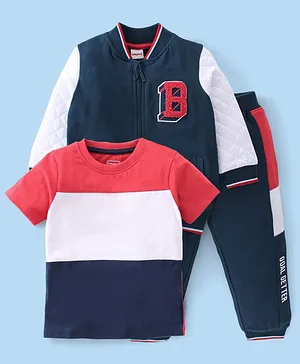 Babyhug Terry Cotton Knit Half Sleeves Colour Block T-Shirt & Lounge Pant Set with Sweatshirt - Blue & Red