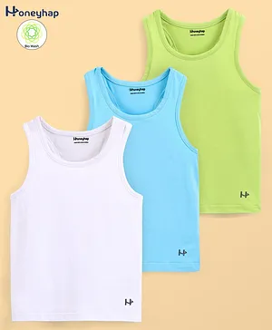 Honeyhap Premium Cotton Stretchable Solid Soft Sleeveless Pack of 3 Vests - Azure Blue Bright White Tender Shoots