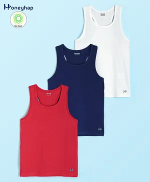 Honeyhap Premium Cotton Stretchable Solid Soft Sleeveless Vests with Silvadur Antimicrobial Finish Pack of 3 - Navy Peony Bright White & Racing Red
