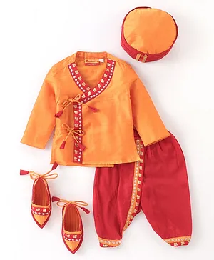 Exclusive from Jaipur Cotton Woven Full Sleeves Lace Detailed Gota Patti Dhoti Kurta Set with Cap & Bootie - Orange & Red