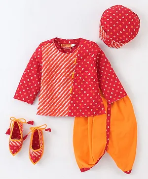Exclusive from Jaipur Cotton Full Sleeves Leheriya Dhoti Kurta Set with Cap & Booties - Red & Orange