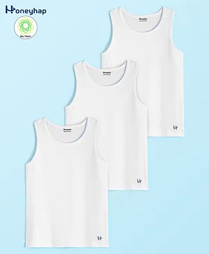 Honeyhap Premium Cotton Stretchable Solid Soft Sleeveless Vests with Silvadur Antimicrobial Finish Pack of 3 - Bright White