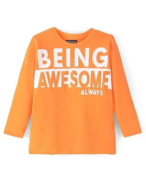 Pine Kids 100% Cotton Full Sleeves Round Neck Biowashed Text Printed T-Shirt - Orange