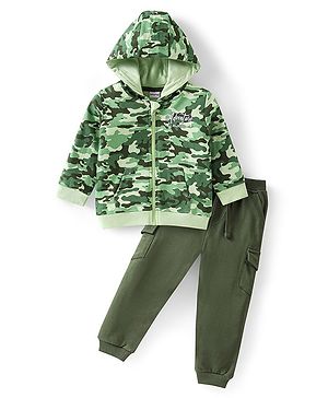 Babyhug Terry Knit Full Sleeves Hooded T-Shirt and Lounge Pant Set Camoflage Print - Green