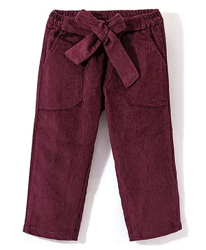 Kookie Kids Full Length Solid Corduroy Pant With Belt Detailing - Maroon