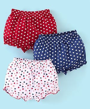 Babyhug 100% Cotton Bloomers Heart Print Pack of 3 - White Red & Blue
