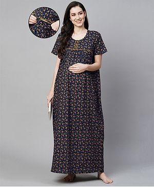 MomToBe Half Sleeves Cotton Blend Floral Printed Maternity Nighty - Navy Blue