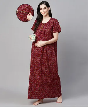 MomToBe Half Sleeves Cotton Blend Floral Printed Maternity Nighty - Red