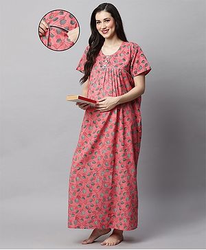 MomToBe Half Sleeves Blend Floral Printed Maternity Nighty - Pink