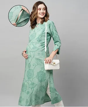 MomToBe Three Fourth Sleeves Intricate Floral Design Printed Maternity Kurta With Concealed Zipper Nursing Access - Green