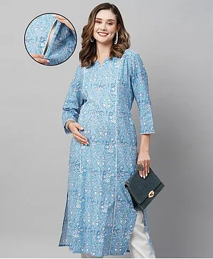 MomToBe Third Fourth Sleeves Seamless Floral Printed Maternity Kurta With Concealed Zipper Nursing Access - Blue