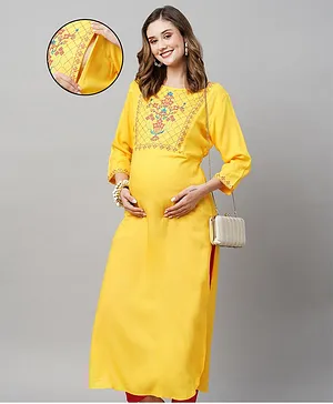 MomToBe Three Fourth Sleeves Floral Embroidered Maternity Kurta - Yellow