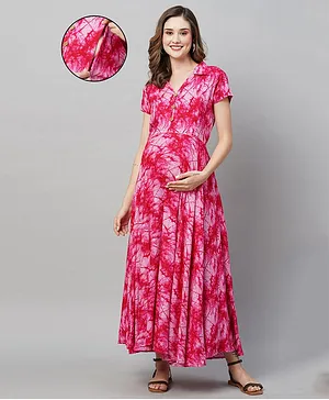MomToBe Half Sleeves Tie & Dye Rayon Maternity Dress - Pink