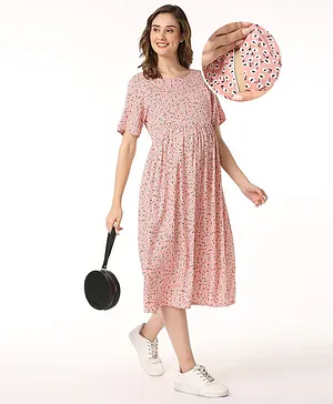 Bella Mama Woven Short Sleeves Maternity Dress with Pocket Ditsy Print - Pink