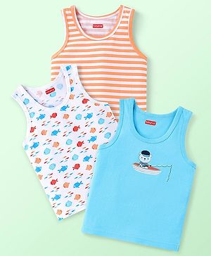 Babyhug 100% Cotton Knit Sleeveless Striped & Fish Printed Sando Pack of 3 - Multicolour