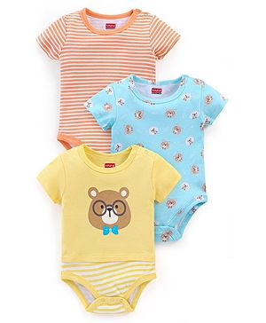 Babyhug 100% Cotton Knit Half Sleeves Onesies Pack of 3 Teddy Print - Orange Blue & Yellow