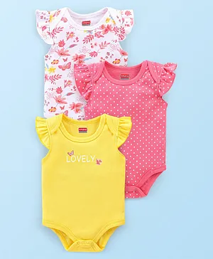 Babyhug 100% Cotton Knit Frill Sleeves Onesies Pack of 3 Floral Print - Pink White & Yellow