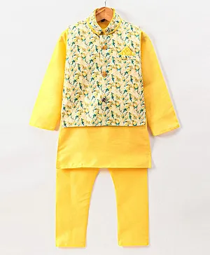 Ridokidz Full Sleeves Solid  Kurta With Salwar & Block Floral Motif Printed Jacket - Yellow