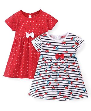 Babyhug Cotton Knit Half Sleeves Frocks with Floral Print & Striped Pack of 2 - Red