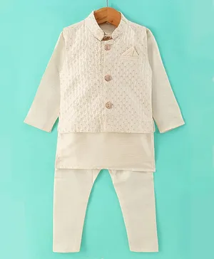Ridokidz Full Sleeve Kurta With Salwar &  Sequin Embellished & Embroidered  Jacket - Off White