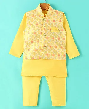 Ridokidz Full SleeveS Solid Kurta & Salwar With Block  Motif Embroidered  Jacket - Yellow