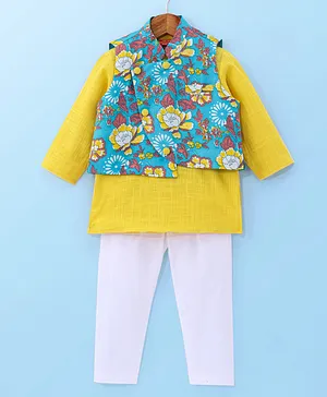 Exclusive from Jaipur Cotton Full Sleeves Kurta & Pajama Set with Coat Floral Print - Yellow & Off White