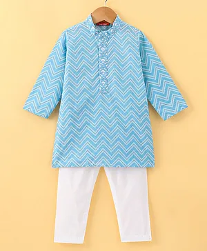 Exclusive from Jaipur Cotton Full Sleeves Chevron Printed Kurta Pyjama Set - Firozi & Off White