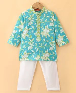 Exclusive from Jaipur Cotton Full Sleeves Kurta Pyjama Set Floral Print - Blue