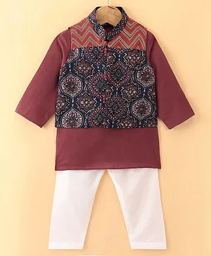 Exclusive from Jaipur Cotton Full Sleeves Kurta Pyjama Set with Jacket - Red & Navy Blue