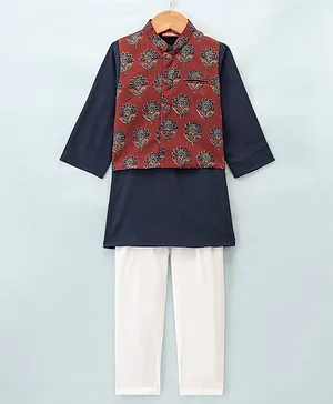 Exclusive from Jaipur Cotton Full Sleeves Kurta Pyjama Set with Jacket - Blue & Maroon