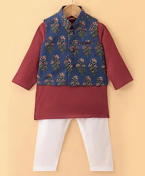 Exclusive from Jaipur Cotton Full Sleeves Kurta Pyjama Set with Floral Printed Jacket - Red & Navy Blue