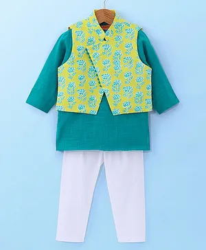 Exclusive from Jaipur Cotton Full Sleeves Kurta & Pajama Set with Coat Floral Print - Yellow & Sea Green