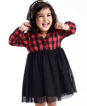 Babyhug Cotton Woven Full Sleeves Frock With Mesh Hem & Yarndyed Checks - Red & Black
