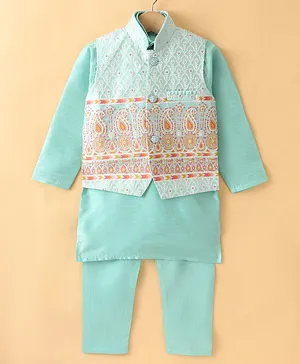 Ridokidz Full Sleeve Solid Kurta & Salwar With Floral Blocks & Paisley Bottom Embroidered Jacket - Light Blue