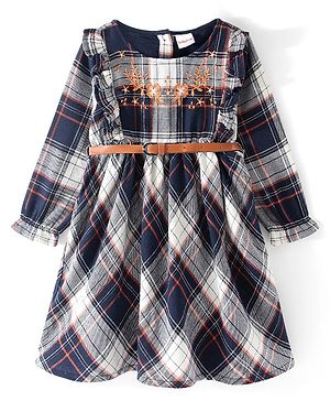 Babyhug Woven Full Sleeves Yarn Dyed Checkered Frock with Floral Embroidery & Belt - Navy Blue