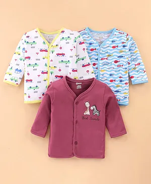 OHMS Single Jersey Full Sleeves Vest With Car & Sea Life Print Pack Of 3 - Blue White & Maroon