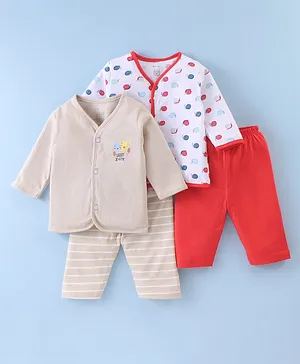 Ohms Single Jersey Full Sleeves Night Suit With Snails & Bunny Print Pack Of 2 - Beige & Red