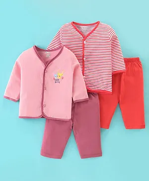 OHMS Single Jersey Full Sleeves Front Open Striped Night Suit - Red & Pink