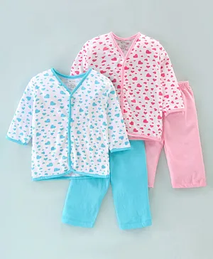 OHMS Cotton Single Jersey Full Sleeves Hearts Printed Night Suits Pack of 2 - Blue & Pink
