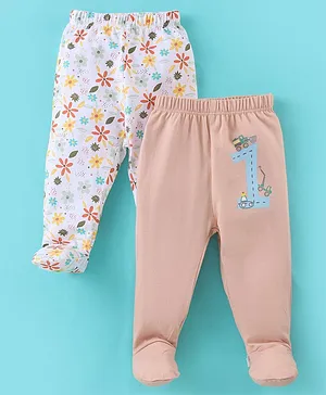 OHMS Single Jersey Full Length Bootie Leggings With Floral Print Pack of 2 - White & Peach