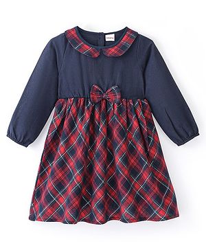 Babyhug Cotton Woven Yarndyed Lurex Full Sleeves Frock With Bow Applique Checkered - Navy Blue & Red