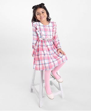 Babyhug Yarn Dyed Full Sleeves Checks Dress Frill Detailing with Stocking - Pink