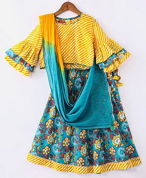 Exclusive from Jaipur Cotton Woven Half Sleeves Choli & Leheriya Lehenga Set with Dupatta - Yellow & Firozi