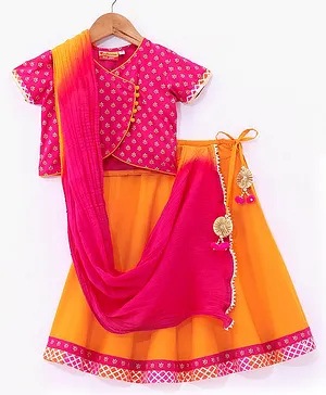 Exclusive from Jaipur Cotton Half Sleeves Printed Choli & Lehenga with Dupatta - Pink Gold & Yellow