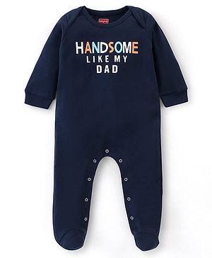 Babyhug Cotton Knit Full Sleeves Footed Sleepsuit with Text Print - Navy Blue