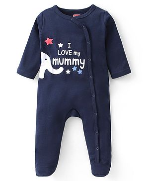 Babyhug Interlock Cotton Knit Full Sleeves Footed Sleep Suit Text Print - Navy Blue