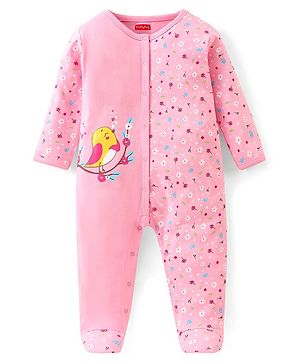 Babyhug Interlock Cotton Full Sleeves Footed Sleepsuit Birds & Floral Print - Pink