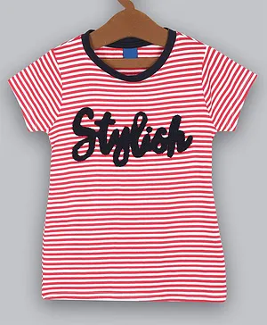 Little Jump Half Sleeves Stylish Text Embroidered & Striped Tee - Red