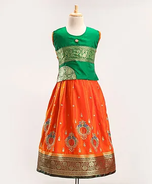 Bhartiya Paridhan Silk Sleeveless Gota Patti & Embroidered Choli & Lehenga Set - Orange & Green